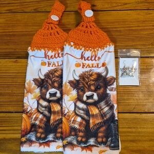 Crochet Top Harloom Cow Fall Hanging Towels With Metal Earrings